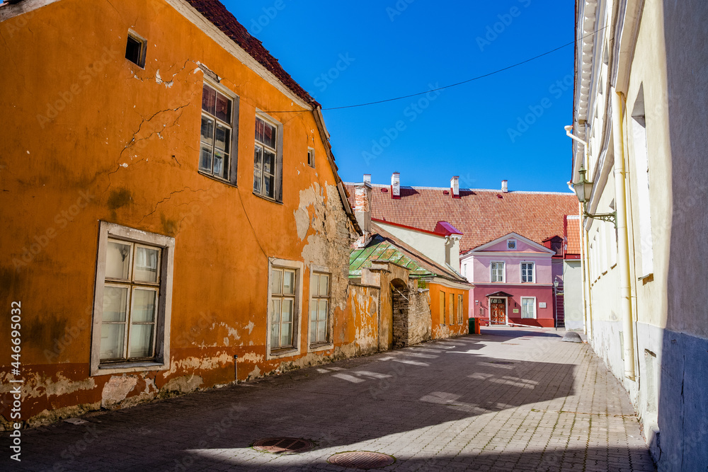 Exterior of an orange painted old house in the historical center of Tallinn, Estonia, Eastern Europe