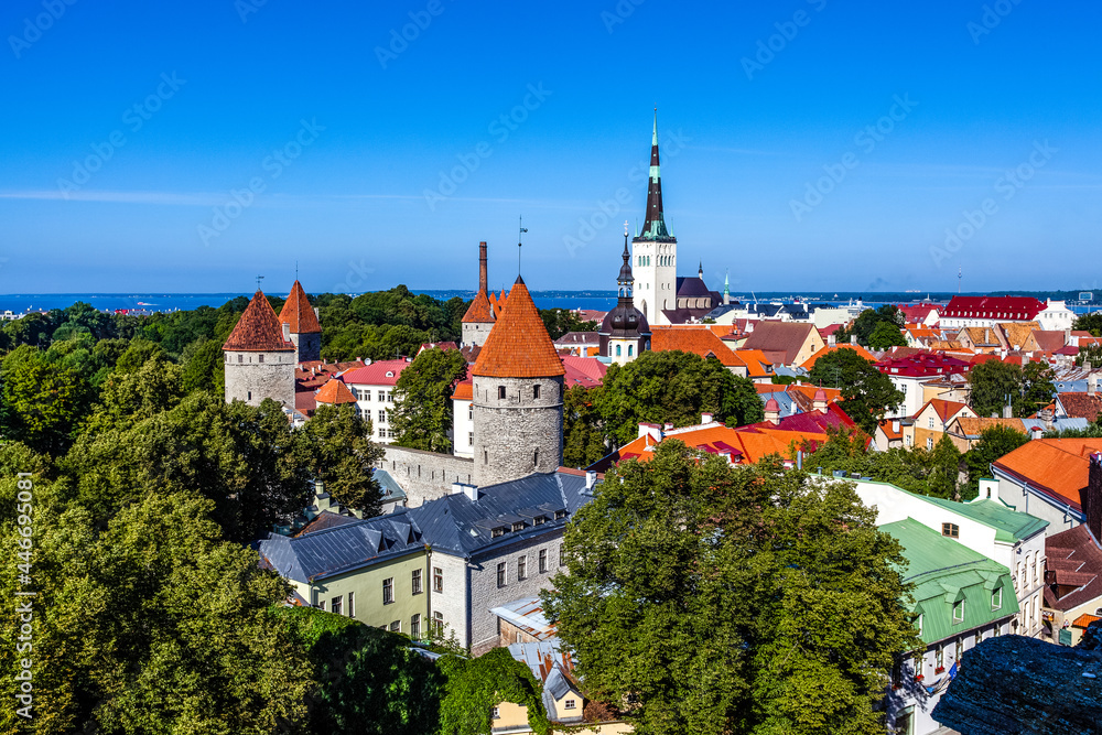 View over the historical center and Medieval city wall of Tallinn, Estonia, Eastern Europe