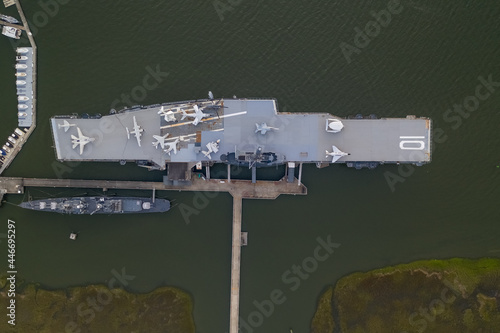 Aerial view of USS Yorktown, a world war II c and museum in Mount Pleasant, South Carolina, United States.
