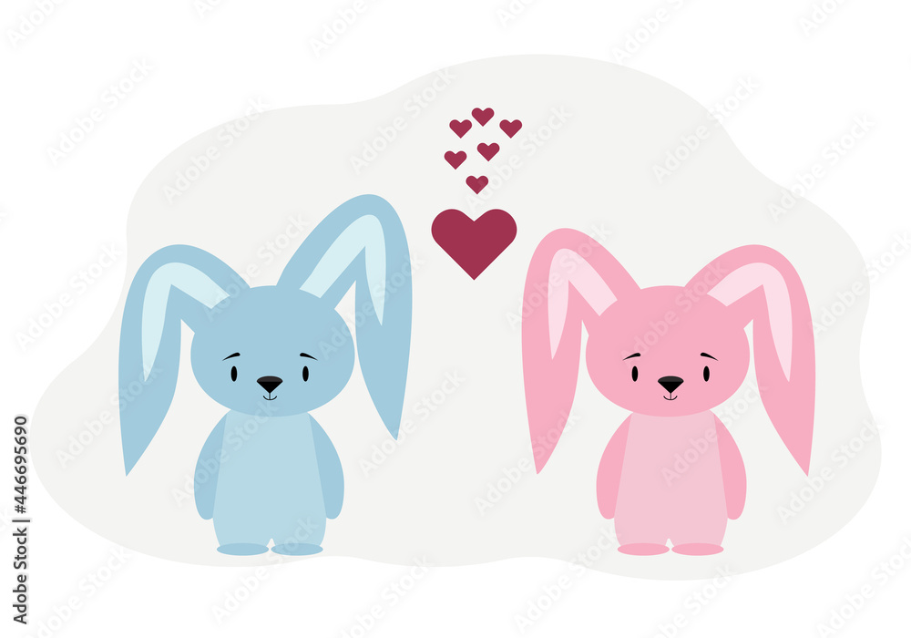 Illustration of two cute bunnies boy and girl near hearts.