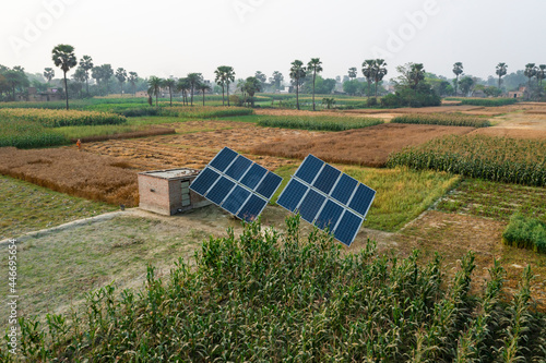 Aerial view of solar panel installed in countryside field in Pusa, Bihar district, India. photo