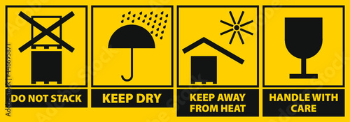 Transportkennzeichnung / do not stack / keep dry / keep away from heat / handle with care
