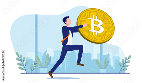 Businessman running away with bitcoin - Man in business wear hurrying with big coin. Institutions buying crypto currency quick concept. Vector illustration