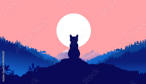 Cat sitting alone in nature looking at full moon - Calm animal on hilltop contemplating and relaxing. Cat life concept, vector illustration