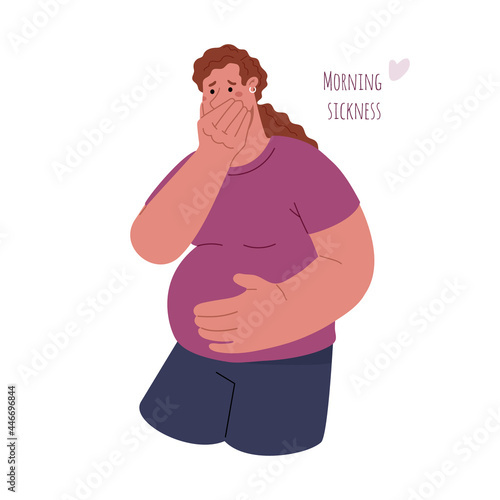 The pregnant girl covers her mouth with hand.Toxicosis,suffer from morning sickness,feel bad.Vector illustration