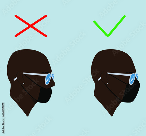 Portraits. Silhouette of black guy in mask. Black man in sunglasses. Male avatar face. A reminder on how to properly wear a mask. Correct.