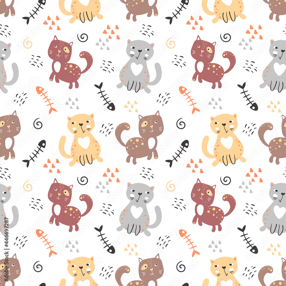 Obraz premium Seamless pattern with cute cats.Different characters and fish skeleton. Nursery vector hand-drawn illustration in simple Scandinavian style. Pastel palette ideal for printing baby textiles, fabrics