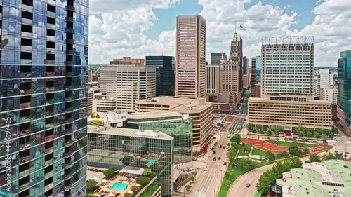 Aerial panning of the Baltimore skyline. Baltimore is the most populous city in the U.S. state of Maryland