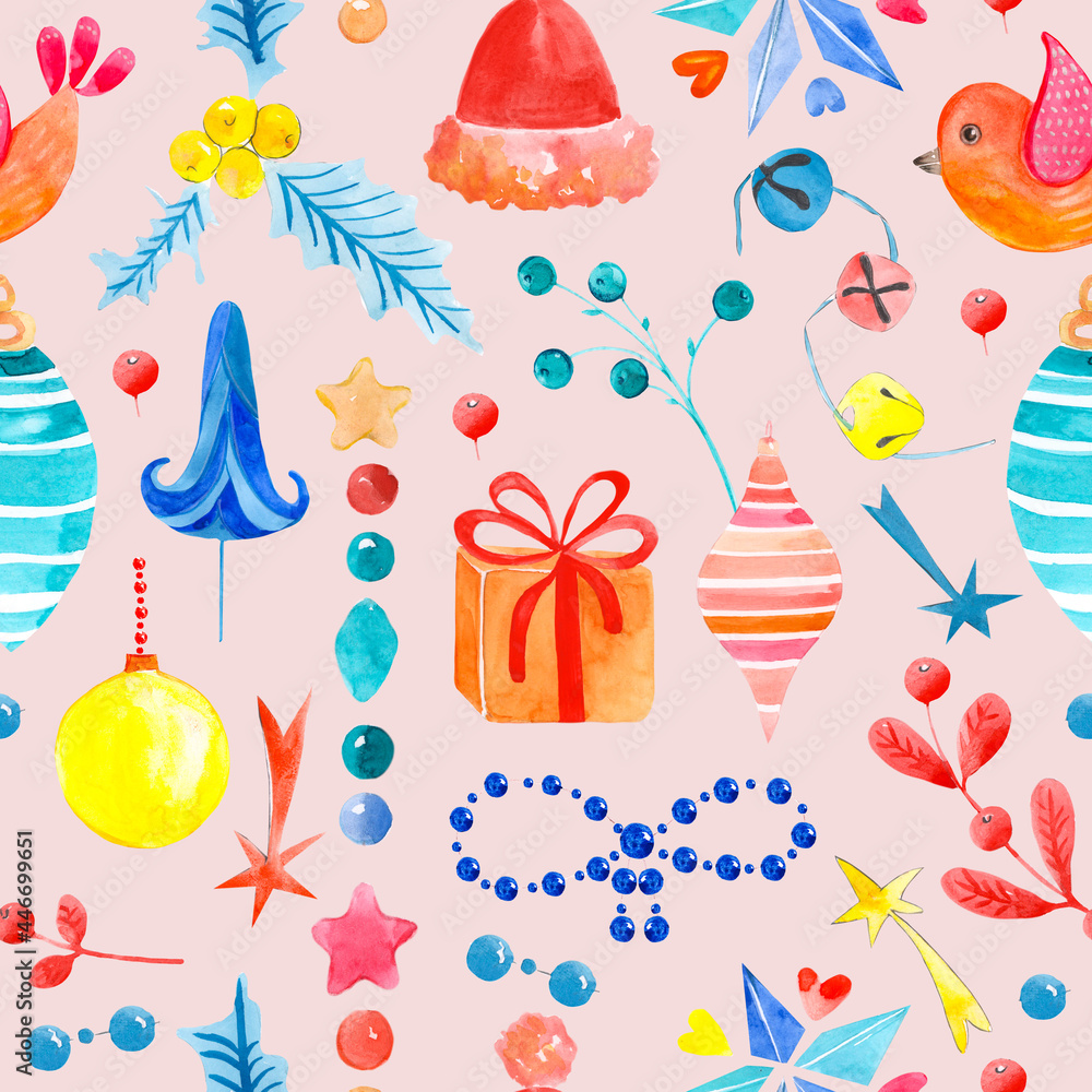 Seamless raster watercolor pattern of Christmas and New Year symbols ...