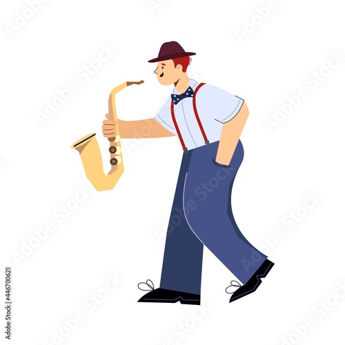 Saxophone player isolated. Flat vector stock illustration. Jazz live concert. Home Online learning music by tablet