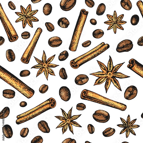 Seamless pattern with coffee beans, cinnamon, anise stars. Hand-drawn sketches on a black background. Color endless design background