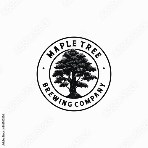 old oak tree hand drawn style vector. Circle stamp Brewing company logo design