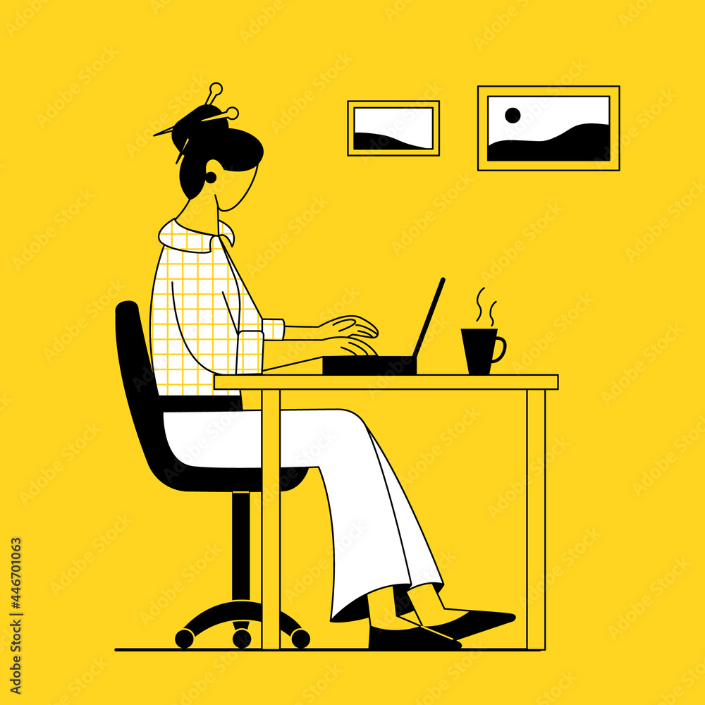 Fototapeta premium A freelance woman sits at home at a table in front of a laptop and works, studies remotely, online