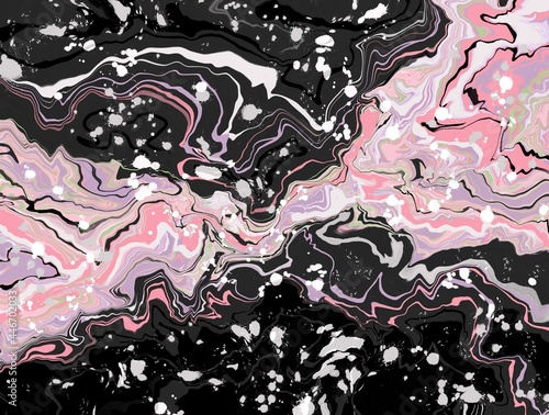 Acrylic canvas illustration. Fluid luquid art. Black  pink  purple and green. Abstract background with acrylic expressive drops.