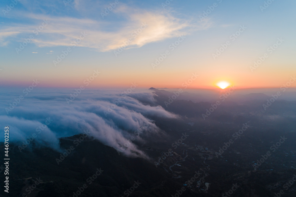 Aerials Malibu Santa Monica Mountains Sunset Misty Covered, California