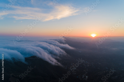 Aerials Malibu Santa Monica Mountains Sunset Misty Covered, California