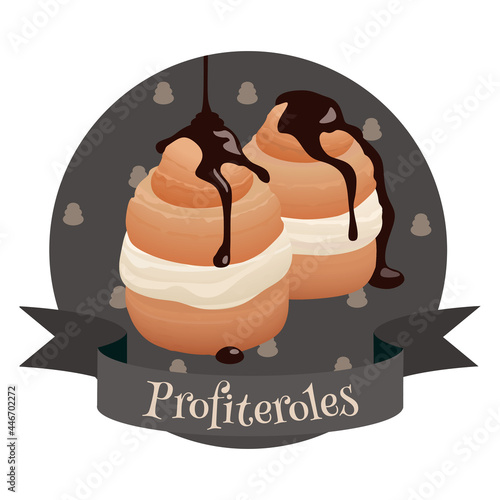 Profiteroles traditional French dessert. Colorful vector illustration.