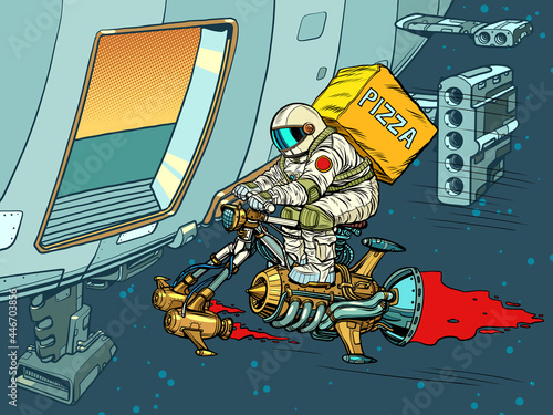 An astronaut courier delivers pizza to the spacecraft. Food Science