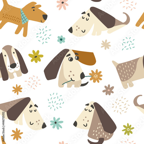 Seamless pattern with dogs. Cute puppy with flower background. Design for gift paper, textile, fabric. Hand drawn flat illustration. Vector