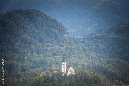  Panorama of the Blejsko ostrvo, or bled island, on Bled lake or Blejsko Jezero, with the assumption of Maria church, or cerkev marijinega vnebovzetja. it's a catholic church and monument of Slovenia.
