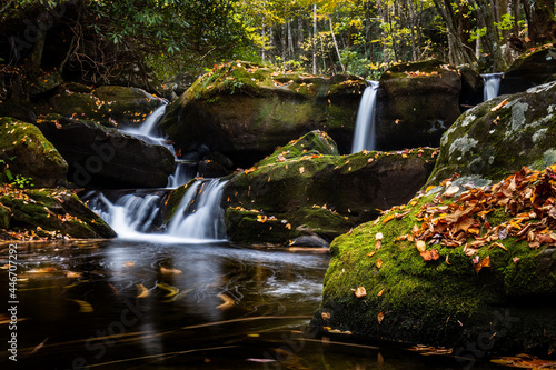 Autumn water falls along the Middle Prong Trail among moss covered boulders and fallen leaves Great Smoky Mountains