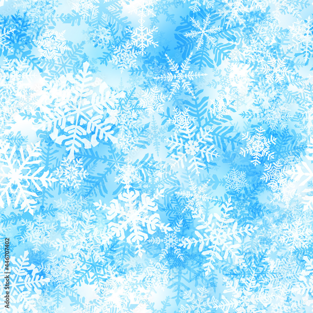 Seamless pattern of complex Christmas snowflakes in light blue colors. Winter background with falling snow Seamless pattern of complex Christmas snowflakes in light blue colors. Winter background with falling snow
