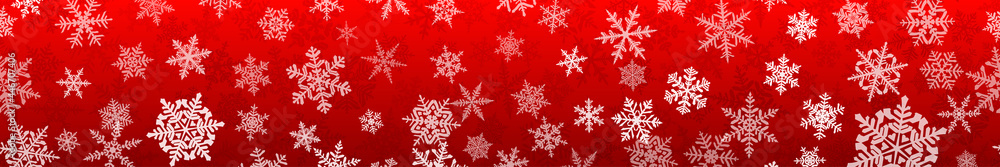Banner of complex Christmas snowflakes with seamless horizontal repetition, in red colors. Winter background with falling snow Banner of complex Christmas snowflakes with seamless horizontal repetition, in red colors. Winter background with falling snow