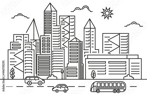 Traffic Modern City Skyscraper Building Cityscape Skyline Line Illustration