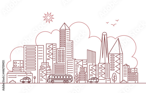 Modern City Skyscraper Building Cityscape Skyline Line Style Illustration