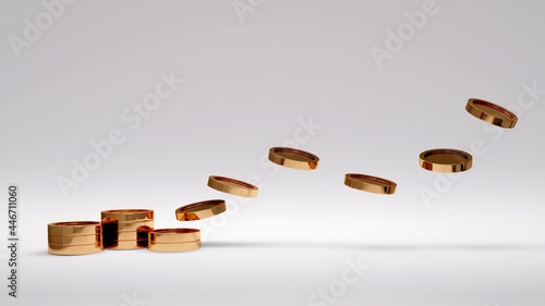 3D Rendering concept of money expense. Bronze coin stacks and bronze coins flying up to the air isolated on white background. 3D Render.  photo