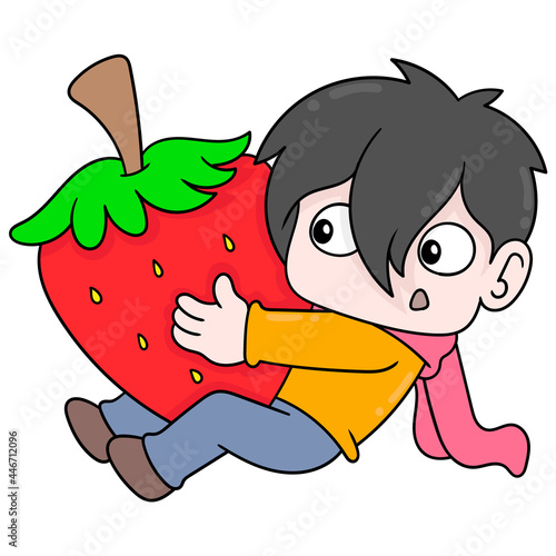boy is hugging a giant strawberry, doodle icon image kawaii