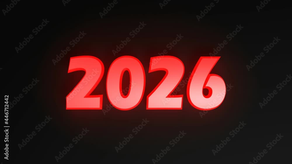 The write 2026 in red lighted characters, on black background - 3D rendering video clip The write 2026 in red lighted characters, on black background - 3D rendering video clip