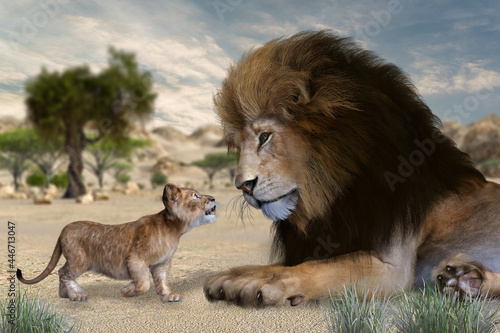サバンナで大きなたてがみを持つ雄ライオンが歩み寄る子供のライオンとあいさつする © iARTS_stock