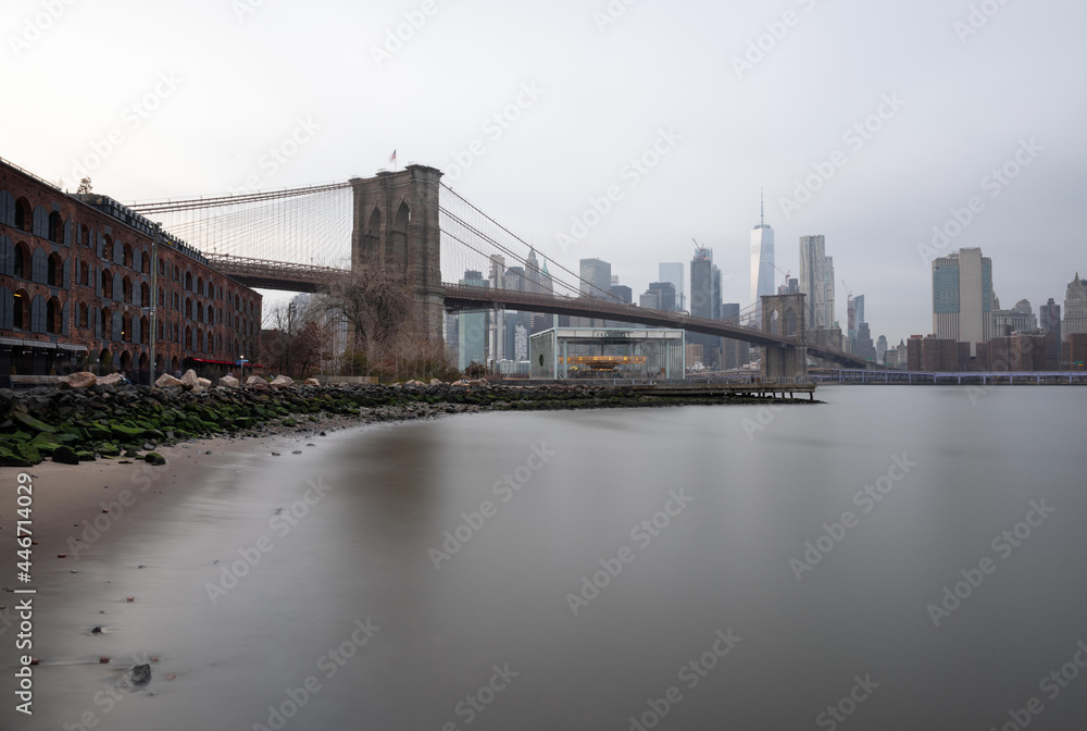 Brooklyn Bridge viewed from the Brooklyn Bridge Park in New York City.