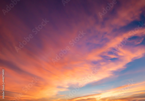  Panoramic view of sunset golden and blue sky nature background.