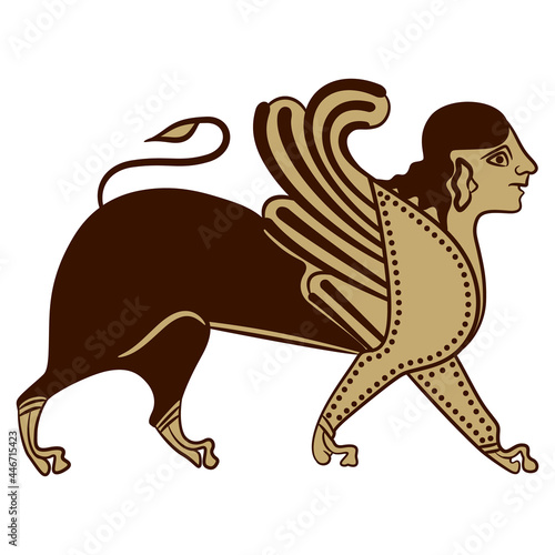 Antique sphinx. Fantastic winged lion with female head. Ancient Greek mythology. Vase painting style.