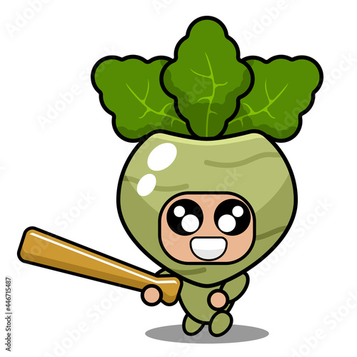 vector cartoon character cute kohlrabi vegetable mascot holding baseball bat