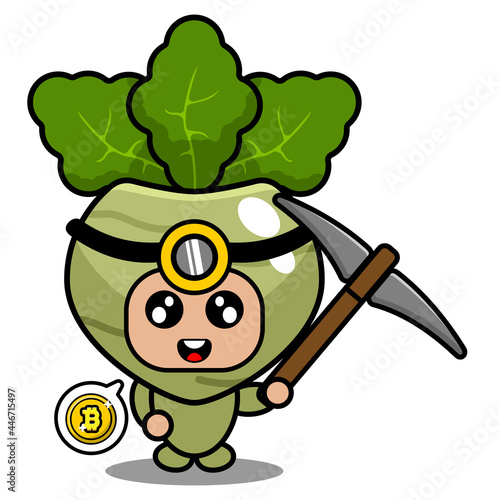 vector cartoon kohlrabi cute vegetable mascot character bitcoin miner