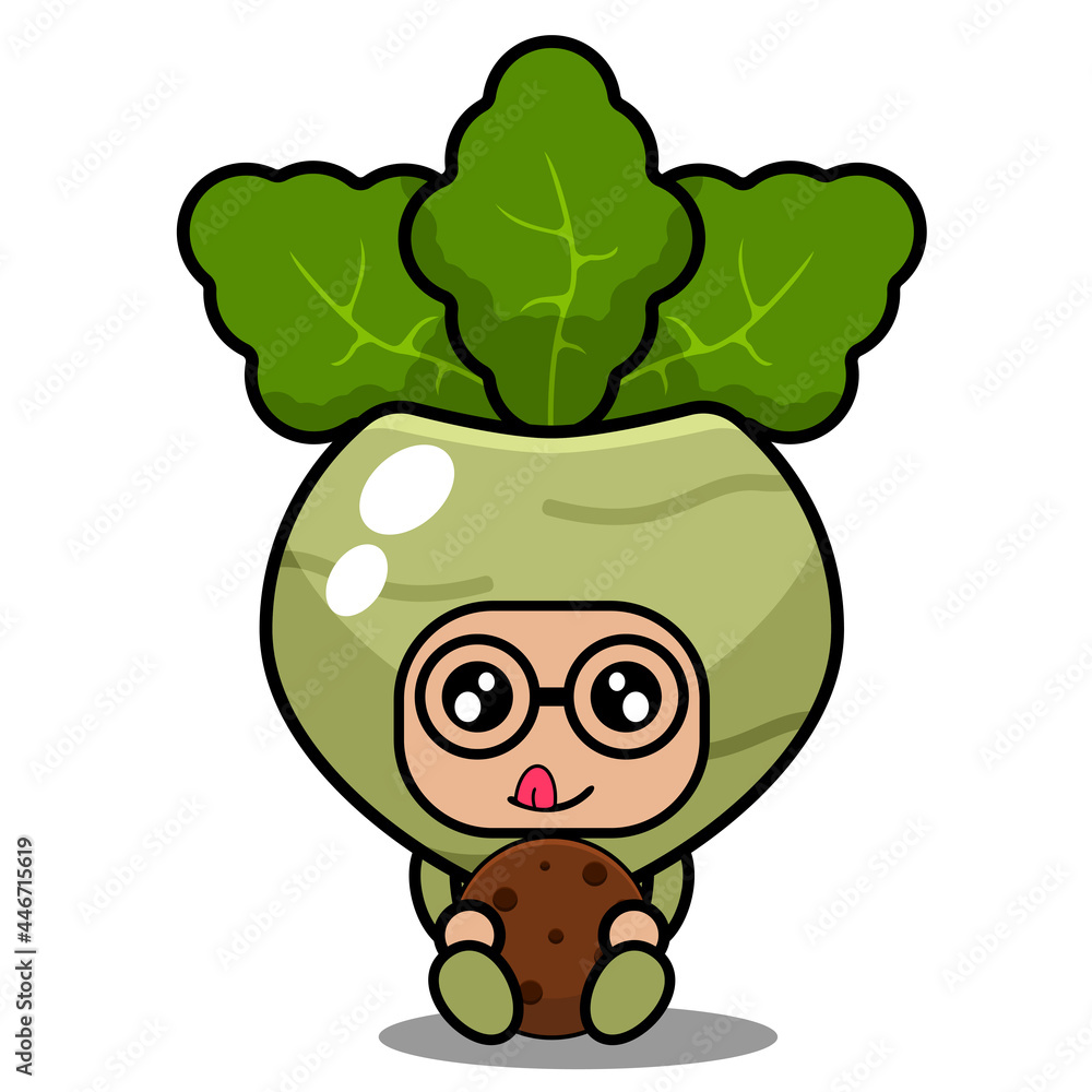 Fototapeta premium cute kohlrabi mascot vegetable cartoon character vector sitting eating biscuit