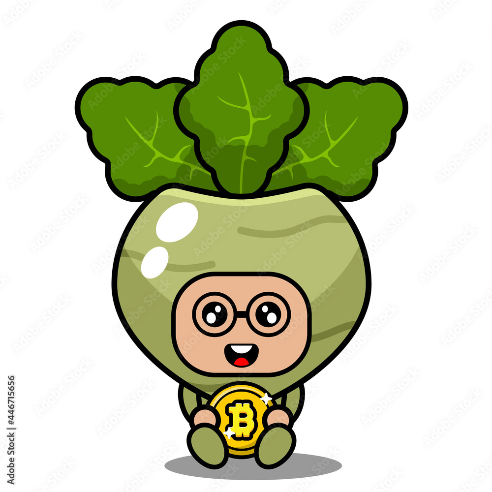 Fototapeta premium cute kohlrabi mascot vegetable cartoon character vector sitting hugging bitcoin