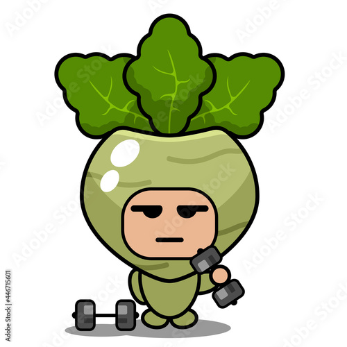 cute kohlrabi mascot vegetable cartoon character vector lifting barbell