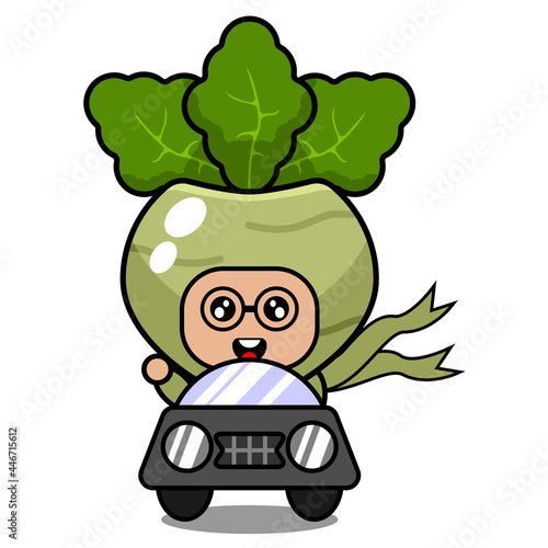 vector cute kohlrabi mascot vegetable cartoon character driving a car