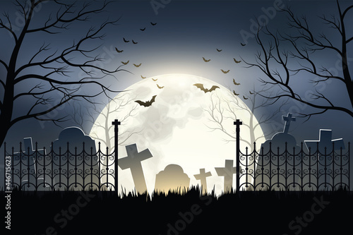 Halloween Cemetery in the night of the full moon and a flock of flying bats background.Illustrator Vector.