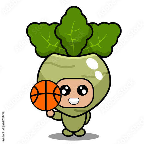 cute kohlrabi mascot vegetable cartoon character vector holding basketball