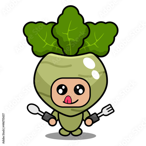 cute kohlrabi mascot vegetable cartoon character vector wants to eat holding spoon and fork