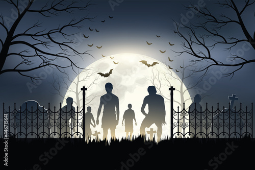 Halloween Zombies are walking out of the graveyard on a full moon night. Vector Illustrator