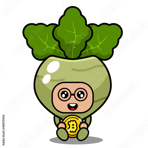 cute kohlrabi mascot vegetable cartoon character vector sitting hugging bitcoin