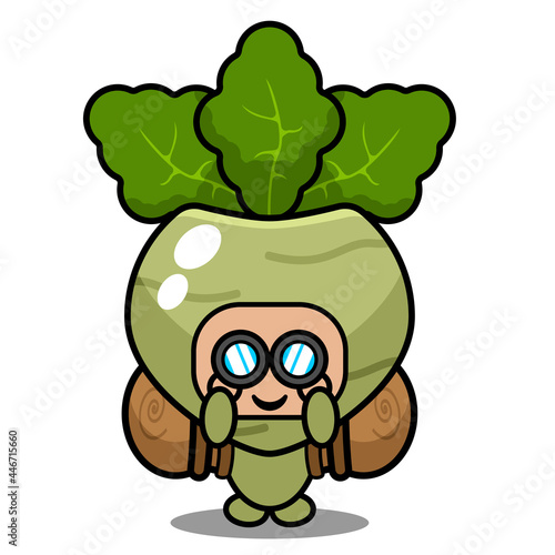 vector cartoon character cute kohlrabi vegetable mascot carrying a camping bag and binoculars