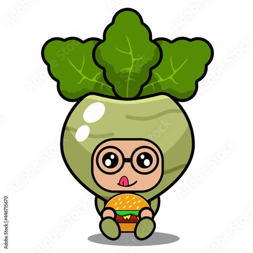 cute kohlrabi mascot vegetable cartoon character vector sitting eating burger