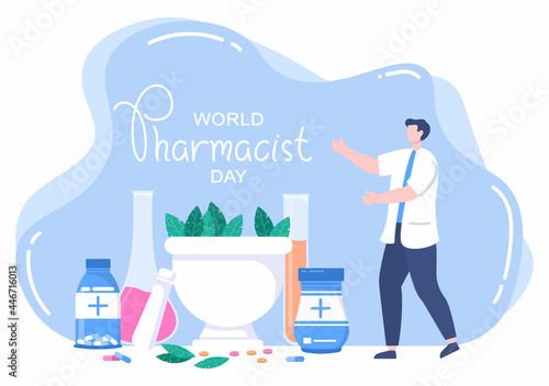 World Pharmacists Day Which Is Held on September 25th. Doctor, Medicine and Pills Concept. For Background, Banner or Poster Landing Page Vector Illustration